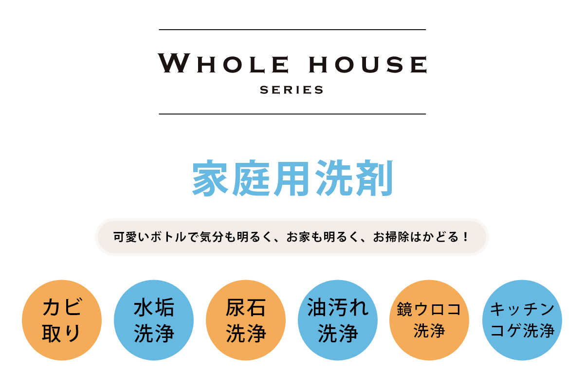 「WHOLE HOUSE SERIES」家庭用洗剤　可愛いボトルで気分も明るく、お家お明るく、お掃除はかどる！カビ取り、水垢洗浄、尿石洗浄、油汚れ洗浄、鏡ウロコ洗浄、キッチンコゲ洗浄